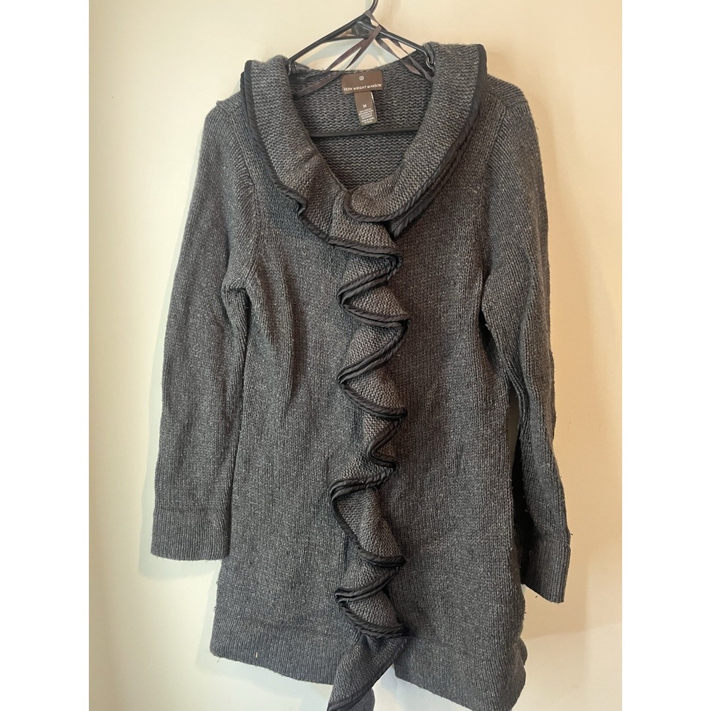 Fenn Wright Manson Gray‎ Ruffle Lambs Wool Long Heavy Cardigan Medium Snap Close